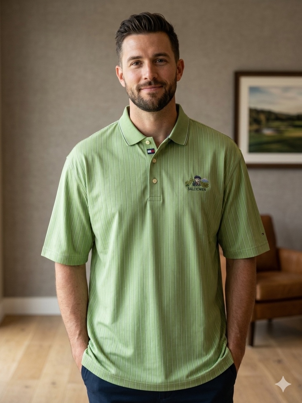 Tommy Hilfiger Ballyowen Golf Club Polo Shirt-Green Pinstripe size Large